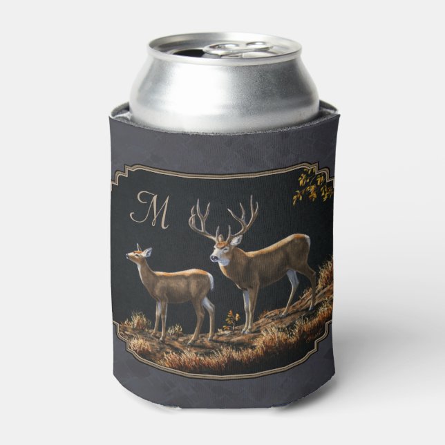 Mule Deer Buck and Doe Grey Custom Can Cooler (Can Front)