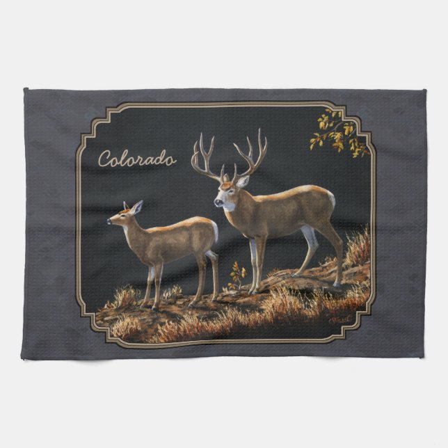 Mule Deer Buck and Doe Grey Custom Tea Towel (Horizontal)