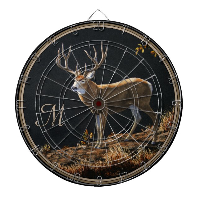 Mule Deer Buck Autumn Trophy Antlers Monogram Dartboard (Front)