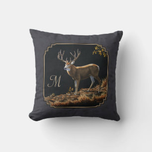 Mule Deer Buck Charcoal Grey Monogram Cushion