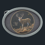 Mule Deer Buck Charcoal Grey Monogram Oval Belt Buckle<br><div class="desc">Mule deer buck on a sunlit ridge glowing in autumn coloured light. Personalise with your own initials,  text,  or Monogram. Accented with a sophisticated charcoal grey patterned background.</div>