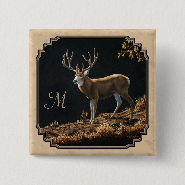 Mule Deer Buck Tan Monogram 15 Cm Square Badge (Front)