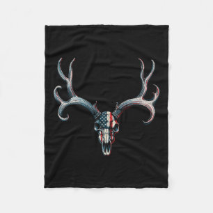 Mule Deer Hunting - American Flag On Buck Skull Fleece Blanket