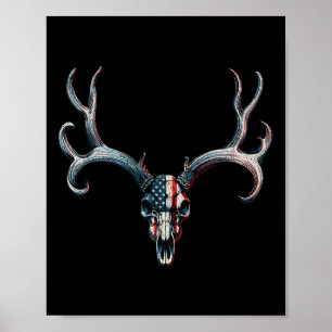 Mule Deer Hunting - American Flag On Buck Skull  Poster