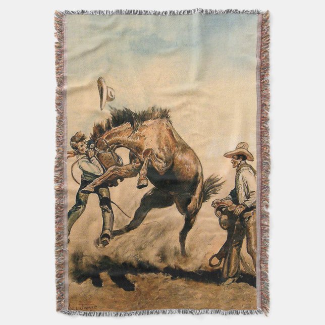 “Mule” Western Art by Will James Throw Blanket (Front Vertical)