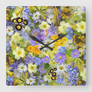 MULITCOLORED FLORAL BACKGROUND PATTERN SQUARE WALL CLOCK