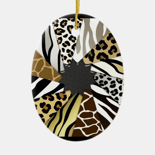 Multi Animal Prints Zebra Tiger Add Text Initial Ceramic Tree Decoration (Front)