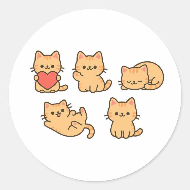 Multi-Cat Sticker – 5 Cute Kawaii Cats (Round) (Front)
