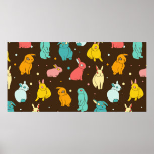 Multi-colored, different rabbits, hares on a dark  poster