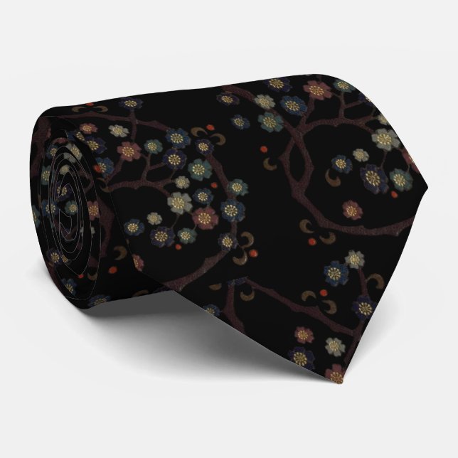 Multi-Colored Flowers On Black Tie (Rolled)