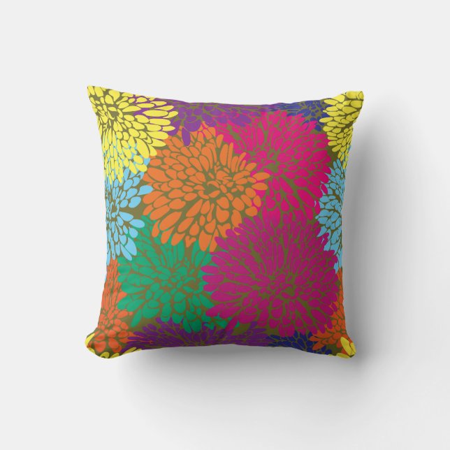 multi colour chrysanthemums on olive cushion (Front)