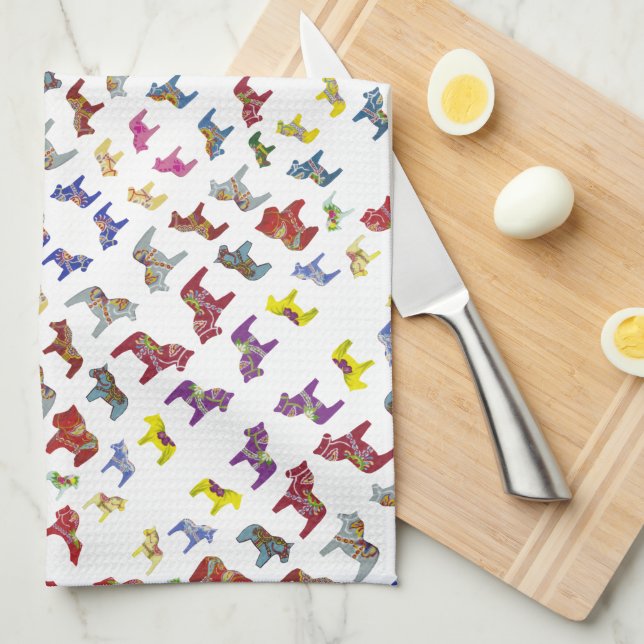 Multi-colour Dala Horses Tea Towel (Quarter Fold)