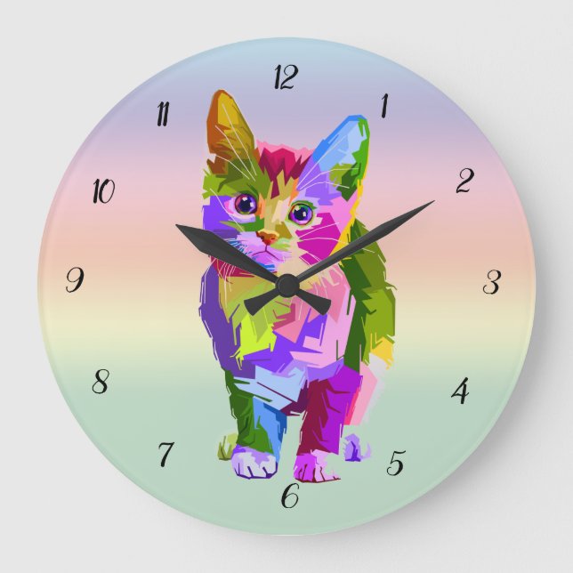 Multi Colour Digital Art Cat Wall Clock (Front)