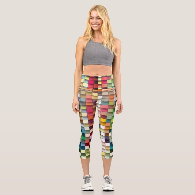 Multi colour geometric simple square design capri leggings (Front)