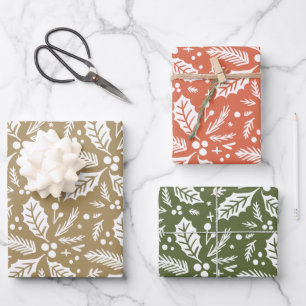 Multi-colour Hand Drawn Holly Berry Pattern Wrapping Paper Sheet