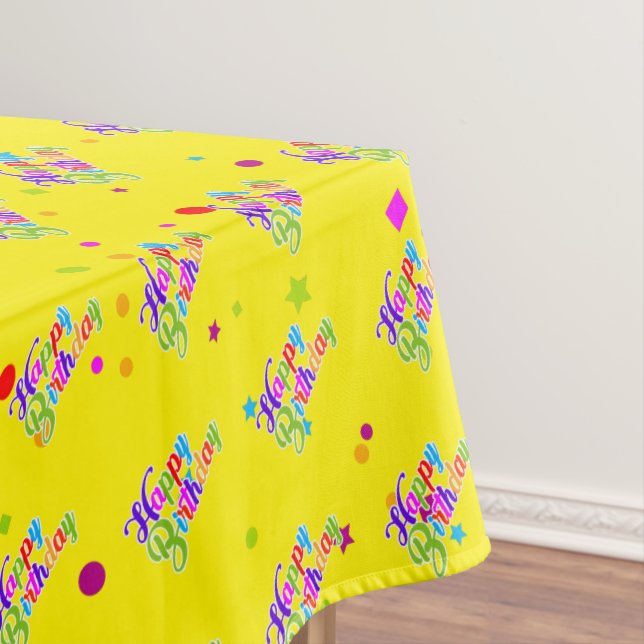 Multi Colour Happy Birthday Graphic on Yellow Tablecloth (In Situ)