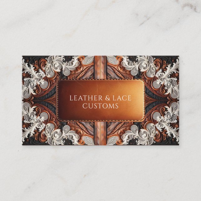 Multi Colour Leather & Elegant Lace Rustic Customs Business Card (Front)