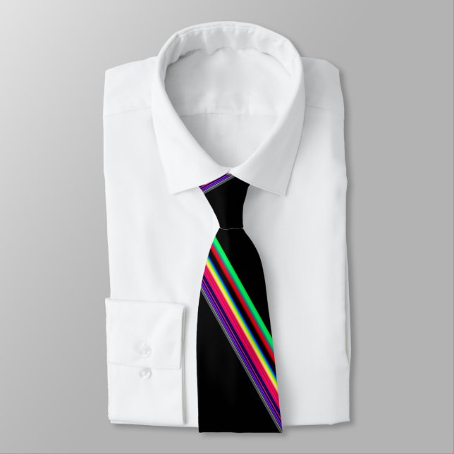 Multi Colour Neon  Stripes On Black Necktie (Tied)