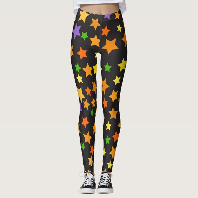 Multi Colour Stars Black Halloween Leggings (Front)