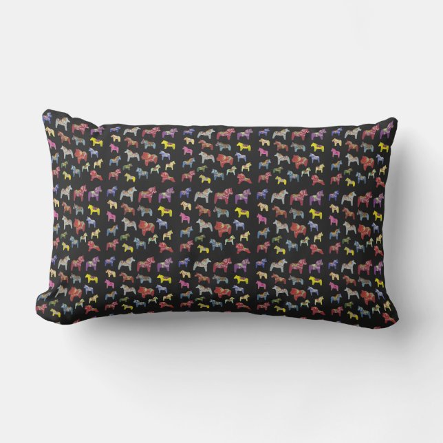 Multi-colour Swedish Dala Horses Lumbar Cushion (Front)