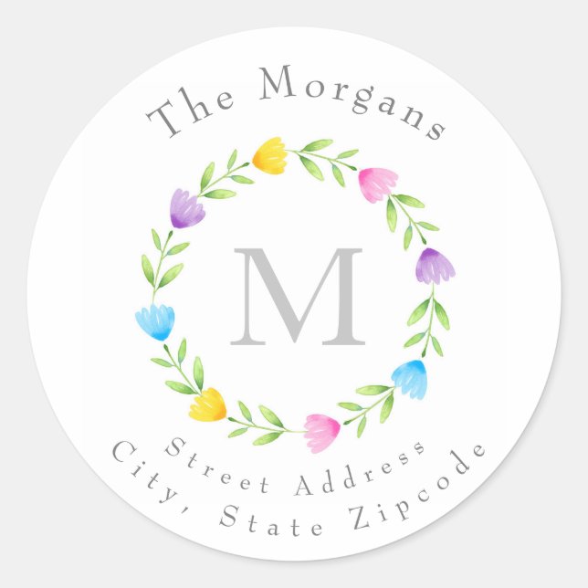 Multi Colour Watercolor Flower Stem Wreath Labels (Front)