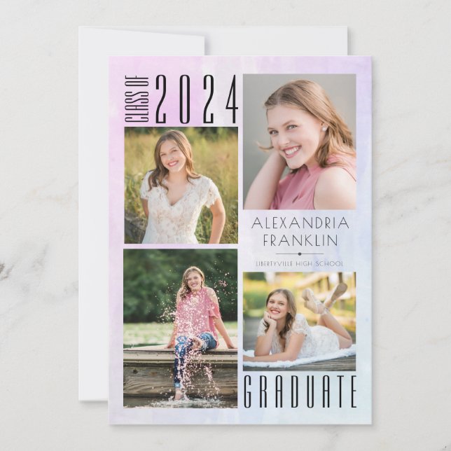 Multi-Colour Watercolor Wash 4 Photo Graduation Announcement (Front)