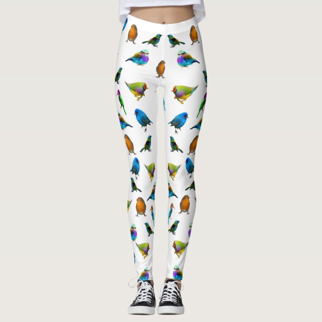 Multi-coloured Birds on White Leggings (Front)