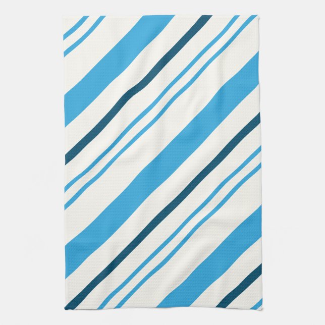 multi-coloured blue stripes on white background tea towel (Vertical)