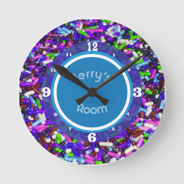 Multi-Coloured Candy Sprinkles Monogrammed Round Clock (Front)