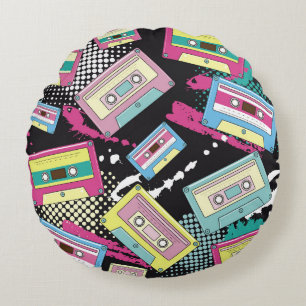 Multi Coloured cassettes on a black background sea Round Cushion