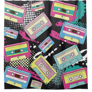 Multi Coloured cassettes on a black background sea Shower Curtain