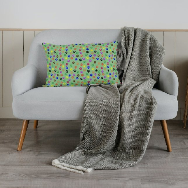 Multi Coloured Cat Paws green background Lumbar Cushion (Creator Uploaded)