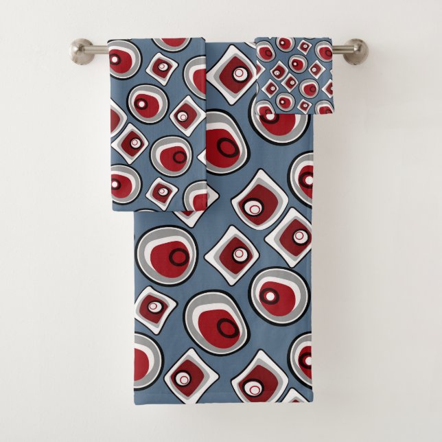 Multi-coloured circles and rings retro sixties bath towel set (Insitu)