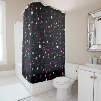 Multi Coloured Classic Christmas Stars On Black Shower Curtain