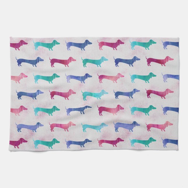 Multi-coloured Dachshund Pattern Tea Towel (Horizontal)