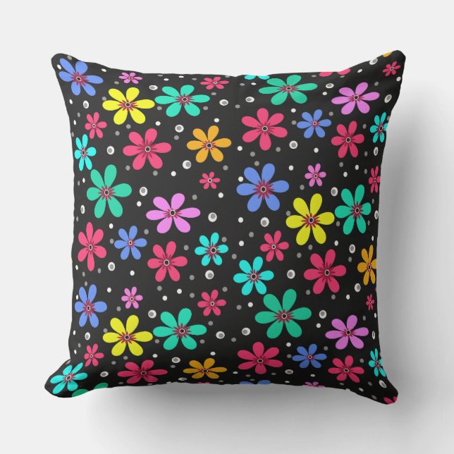 Multi-coloured daisies on a black background  cushion (Front)