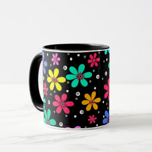 Multi-coloured daisies on a black background mug