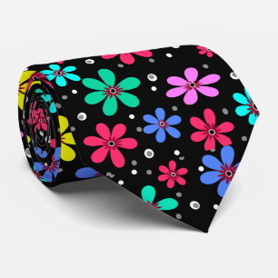 Multi-coloured daisies on a black background  tie