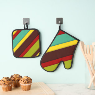 Multi-Coloured Diagonal Stripes Oven Mitt & Pot Holder Set