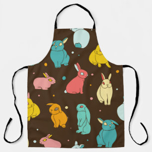 Multi-coloured, different rabbits, hares on a dark apron