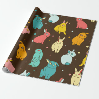 Multi-coloured, different rabbits, hares on a dark wrapping paper