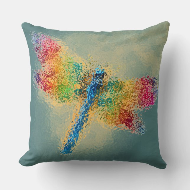 Multi Coloured Dragonfly Teal Cushion (Front)