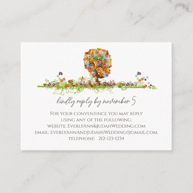 Multi Coloured Flower Love Tree RSVP Enclosure Card (Front)