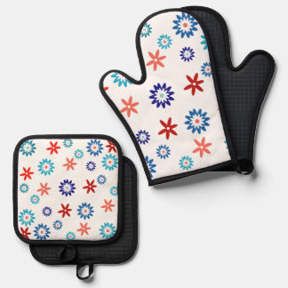 Multi-coloured flowers arranged in rows oven mitt & pot holder set