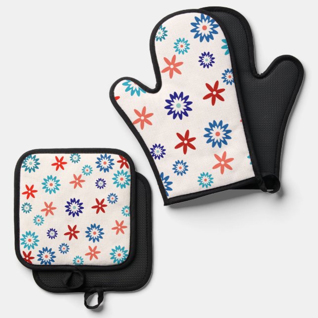 Multi-coloured flowers arranged in rows oven mitt & pot holder set (Front/Back)