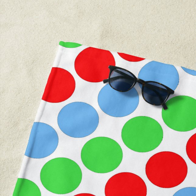 Multi coloured large polka dots retro sixties beach towel (In Situ)