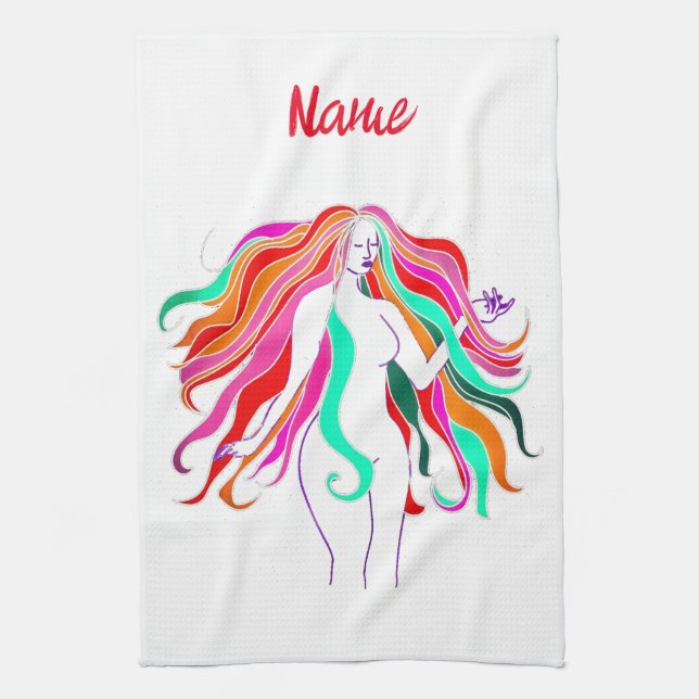 Multi-coloured long-haired goddess Thunder_Cove Tea Towel (Vertical)