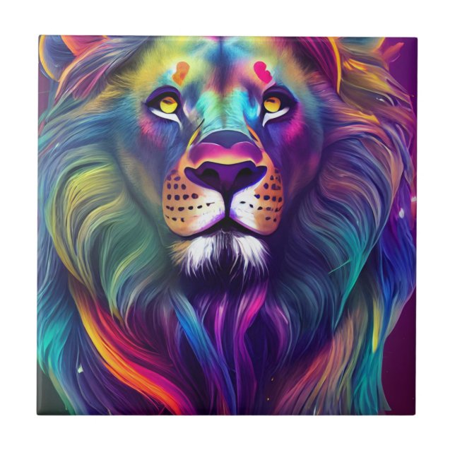 Multi Coloured Modern Digital Art Majestic Lion Tile (Front)