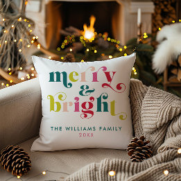 Multi Coloured Modern Merry & Bright Christmas Cushion