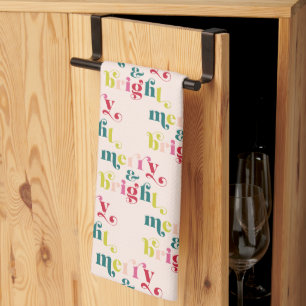 Multi Coloured Modern Merry & Bright Christmas Tea Towel